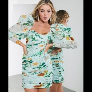 ASOS EDITION green floral print ruched mini dress with puffed sleeves - SIZE 0